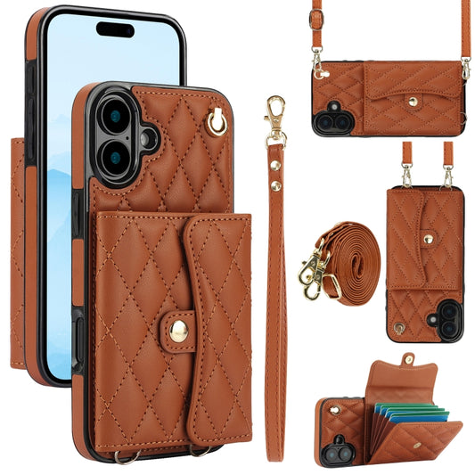 For iPhone 16 Plus Crossbody Rhombic Horizontal Wallet Leather Phone Case(Brown) - iPhone 16 Plus Cases by buy2fix | Online Shopping UK | buy2fix