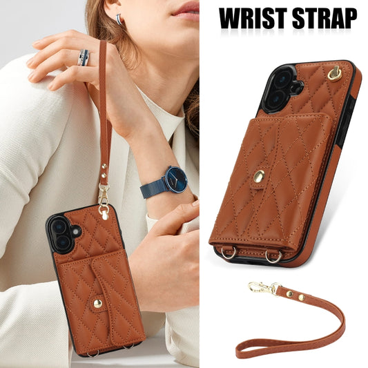 For iPhone 16 Plus Crossbody Rhombic Horizontal Wallet Leather Phone Case(Brown) - iPhone 16 Plus Cases by buy2fix | Online Shopping UK | buy2fix