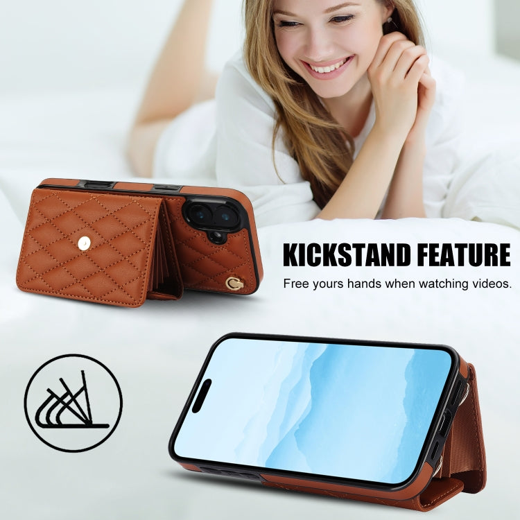 For iPhone 16 Plus Crossbody Rhombic Horizontal Wallet Leather Phone Case(Brown) - iPhone 16 Plus Cases by buy2fix | Online Shopping UK | buy2fix