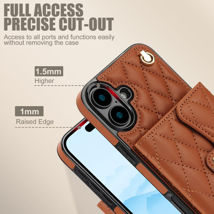For iPhone 16 Plus Crossbody Rhombic Horizontal Wallet Leather Phone Case(Brown) - iPhone 16 Plus Cases by buy2fix | Online Shopping UK | buy2fix
