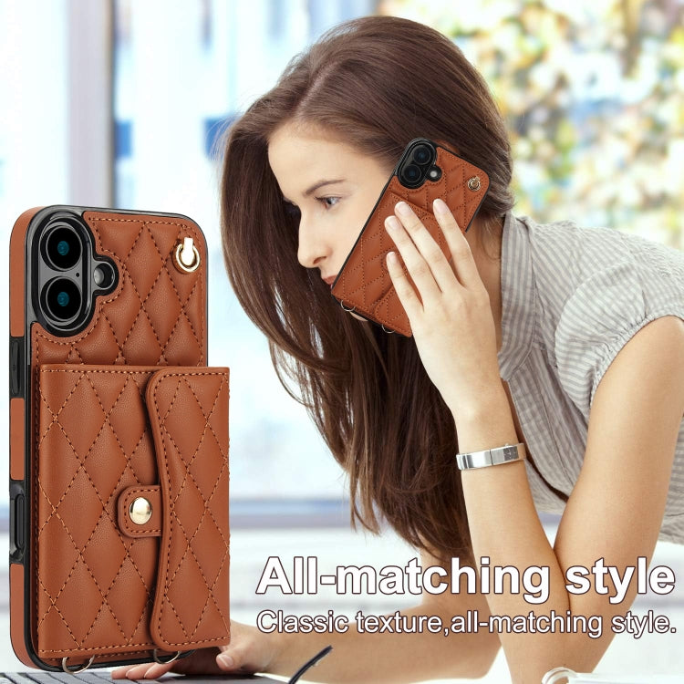 For iPhone 16 Plus Crossbody Rhombic Horizontal Wallet Leather Phone Case(Brown) - iPhone 16 Plus Cases by buy2fix | Online Shopping UK | buy2fix