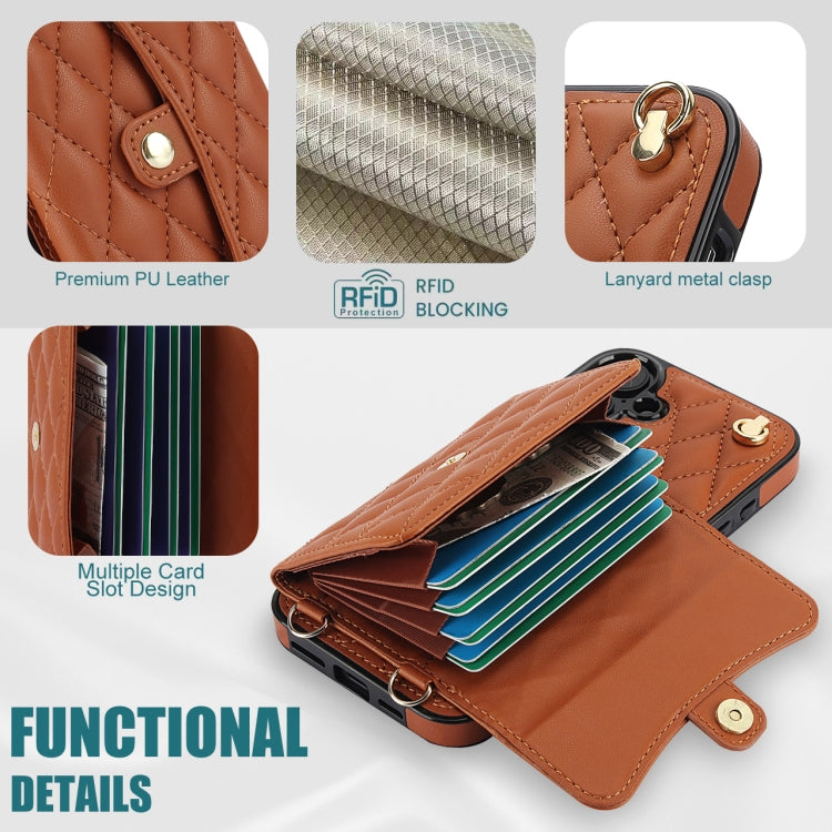 For iPhone 16 Plus Crossbody Rhombic Horizontal Wallet Leather Phone Case(Brown) - iPhone 16 Plus Cases by buy2fix | Online Shopping UK | buy2fix