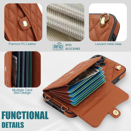 For iPhone 16 Plus Crossbody Rhombic Horizontal Wallet Leather Phone Case(Brown) - iPhone 16 Plus Cases by buy2fix | Online Shopping UK | buy2fix