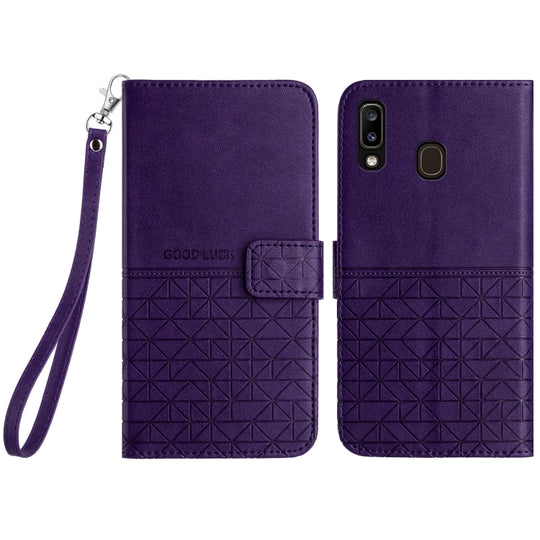For Samsung Galaxy A20e Rhombic Texture Leather Phone Case with Lanyard(Purple)