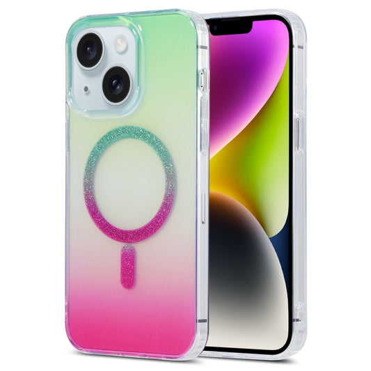 For iPhone 14 Magic Diamond Blu-ray MagSafe Phone Case(Green Rose Gradient) by buy2fix
