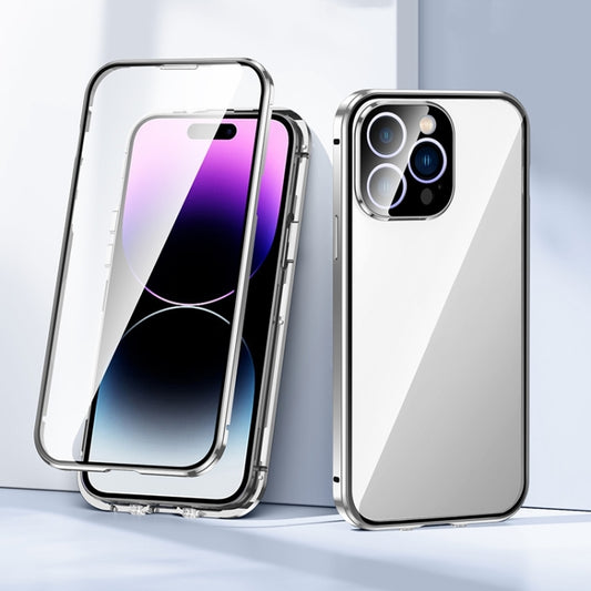 For iPhone 15 Pro Magnetic Double-buckle HD Tempered Glass Phone Case(Silver) - iPhone 15 Pro Cases by buy2fix | Online Shopping UK | buy2fix