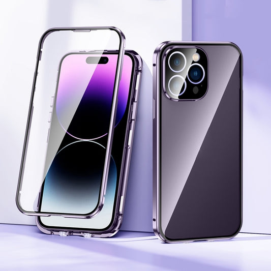 For iPhone 15 Pro Magnetic Double-buckle HD Tempered Glass Phone Case(Purple) - iPhone 15 Pro Cases by buy2fix | Online Shopping UK | buy2fix
