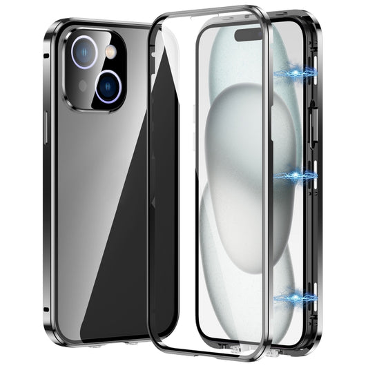 For iPhone 15 Magnetic Double-buckle HD Tempered Glass Phone Case(Black) - iPhone 15 Cases by buy2fix | Online Shopping UK | buy2fix