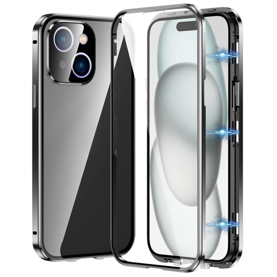 For iPhone 15 Magnetic Double-buckle HD Tempered Glass Phone Case(Black)
