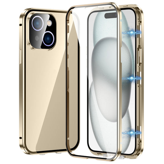 For iPhone 15 Magnetic Double-buckle HD Tempered Glass Phone Case(Gold)