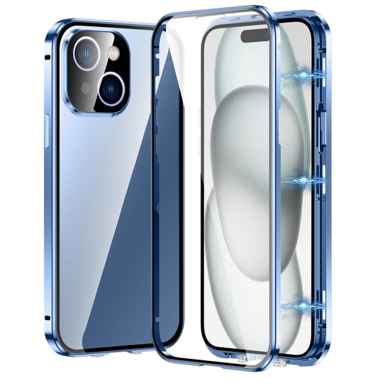 For iPhone 15 Magnetic Double-buckle HD Tempered Glass Phone Case(Blue) - iPhone 15 Cases by buy2fix | Online Shopping UK | buy2fix