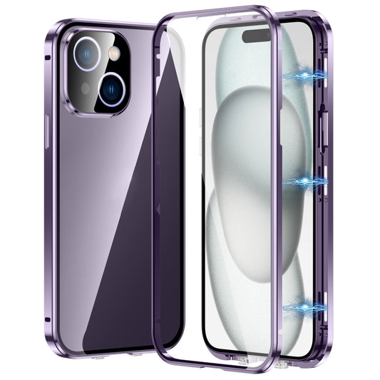 For iPhone 15 Magnetic Double-buckle HD Tempered Glass Phone Case(Purple) - iPhone 15 Cases by buy2fix | Online Shopping UK | buy2fix