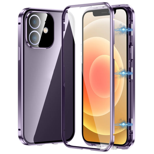 For iPhone 12 Magnetic Double-buckle HD Tempered Glass Phone Case(Purple) - iPhone 12 / 12 Pro Cases by buy2fix | Online Shopping UK | buy2fix