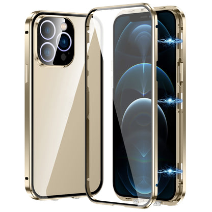 For iPhone 12 Pro Magnetic Double-buckle HD Tempered Glass Phone Case(Gold) - iPhone 12 / 12 Pro Cases by buy2fix | Online Shopping UK | buy2fix