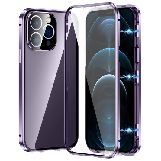 For iPhone 12 Pro Magnetic Double-buckle HD Tempered Glass Phone Case(Purple) - iPhone 12 / 12 Pro Cases by buy2fix | Online Shopping UK | buy2fix