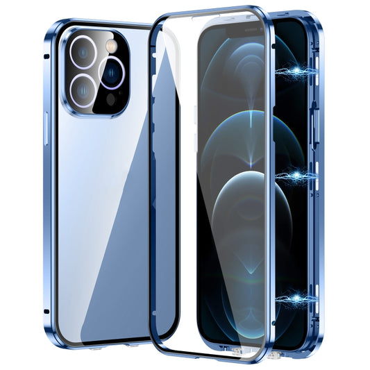 For iPhone 12 Pro Max Magnetic Double-buckle HD Tempered Glass Phone Case(Blue) - iPhone 12 Pro Max Cases by buy2fix | Online Shopping UK | buy2fix