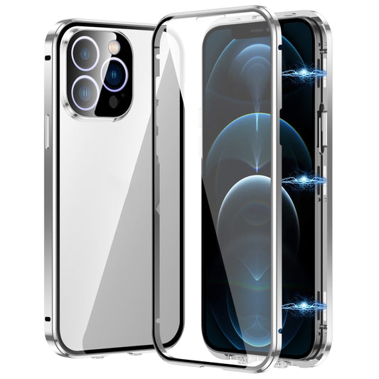 For iPhone 12 Pro Max Magnetic Double-buckle HD Tempered Glass Phone Case(Silver) - iPhone 12 Pro Max Cases by buy2fix | Online Shopping UK | buy2fix