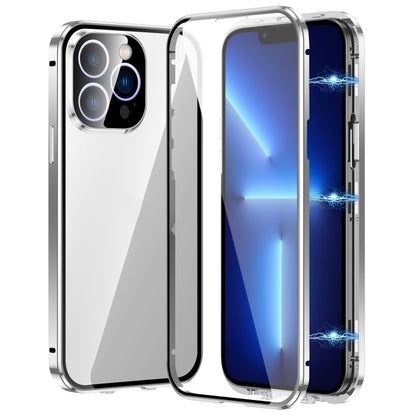 For iPhone 13 Pro Magnetic Double-buckle HD Tempered Glass Phone Case(Silver) - iPhone 13 Pro Cases by buy2fix | Online Shopping UK | buy2fix