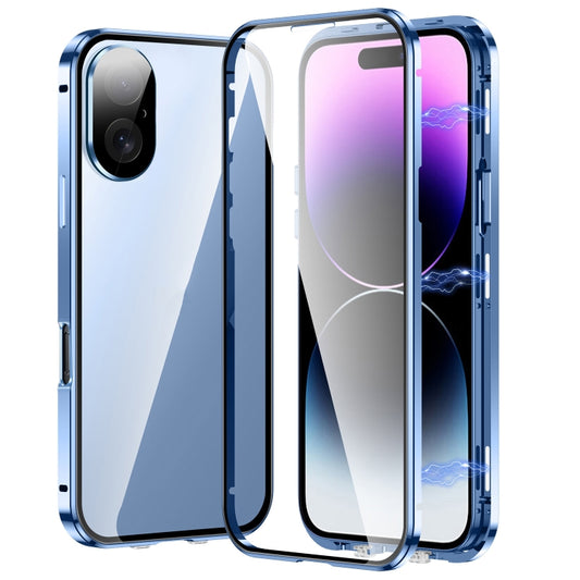 For iPhone 16 Plus Magnetic Double-buckle HD Tempered Glass Phone Case(Blue) - iPhone 16 Plus Cases by buy2fix | Online Shopping UK | buy2fix
