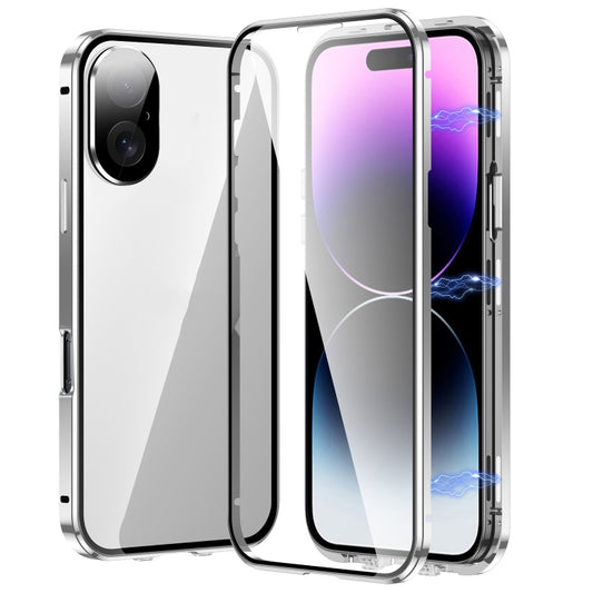 For iPhone 16 Plus Magnetic Double-buckle HD Tempered Glass Phone Case(Silver) - iPhone 16 Plus Cases by buy2fix | Online Shopping UK | buy2fix