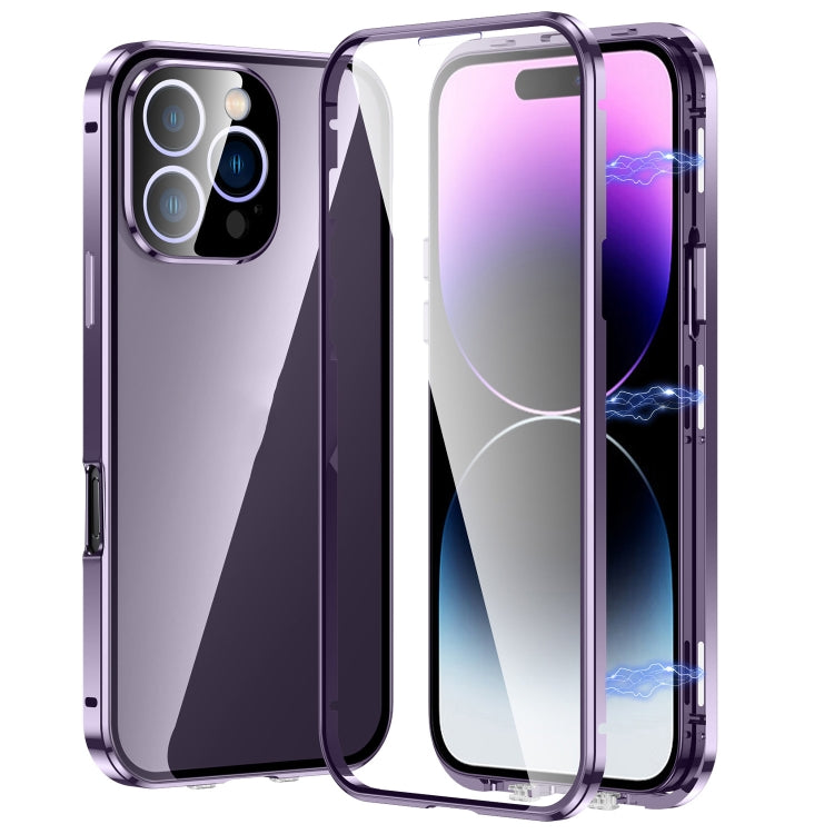 For iPhone 16 Pro Magnetic Double-buckle HD Tempered Glass Phone Case(Purple) by buy2fix