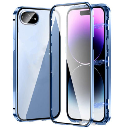 For iPhone 16e Magnetic Double-buckle HD Tempered Glass Phone Case(Blue) - iPhone 16e Cases by buy2fix | Online Shopping UK | buy2fix