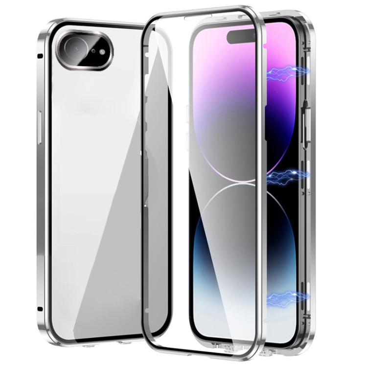 For iPhone 16e Magnetic Double-buckle HD Tempered Glass Phone Case(Silver) - iPhone 16e Cases by buy2fix | Online Shopping UK | buy2fix