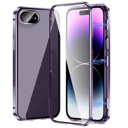 For iPhone 16e Magnetic Double-buckle HD Tempered Glass Phone Case(Purple) - iPhone 16e Cases by buy2fix | Online Shopping UK | buy2fix