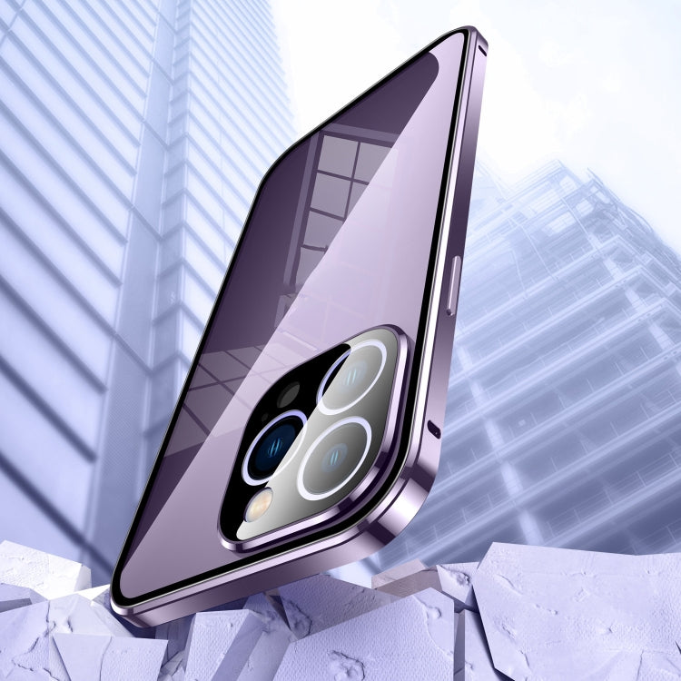 For iPhone 15 Pro Magnetic Double-buckle HD Tempered Glass Phone Case(Purple) - iPhone 15 Pro Cases by buy2fix | Online Shopping UK | buy2fix