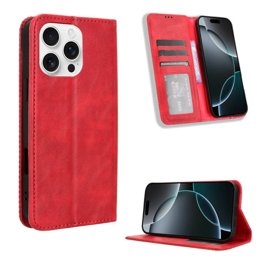 For iPhone 16 Pro Max Magnetic Buckle Retro Texture Leather Phone Case(Red) by buy2fix