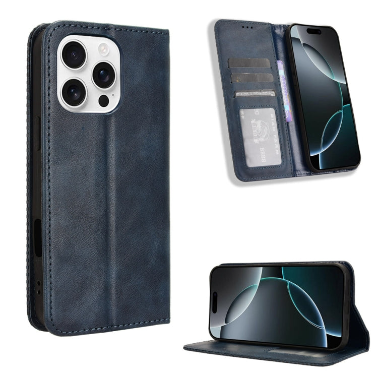 For iPhone 16 Pro Magnetic Buckle Retro Texture Leather Phone Case(Blue) by buy2fix