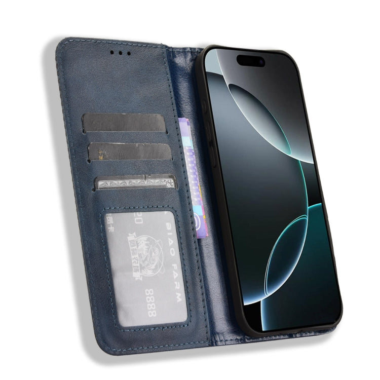For iPhone 16 Pro Magnetic Buckle Retro Texture Leather Phone Case(Blue) by buy2fix