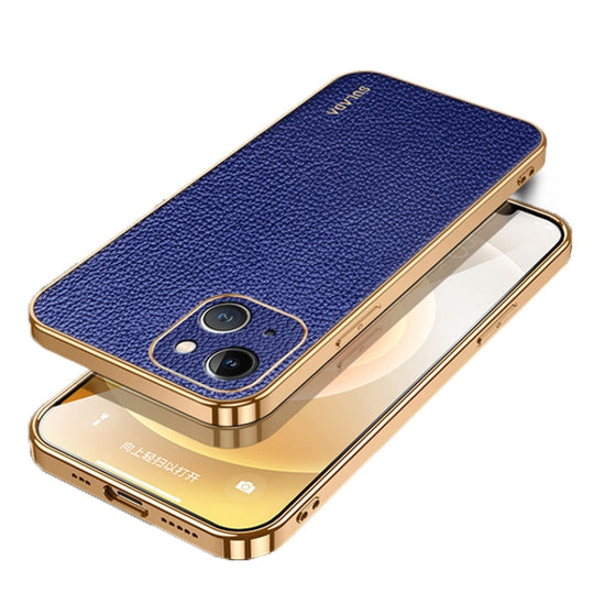 For iPhone 15 SULADA TPU + Litchi Texture Leather Phone Case(Blue)