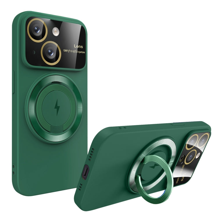 For iPhone 14 Large Window MagSafe Magnetic Holder Phone Case(Dark Green) by buy2fix