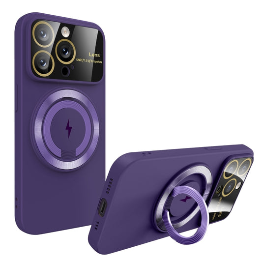 For iPhone 12 Pro Large Window MagSafe Magnetic Holder Phone Case(Dark Purple) by buy2fix