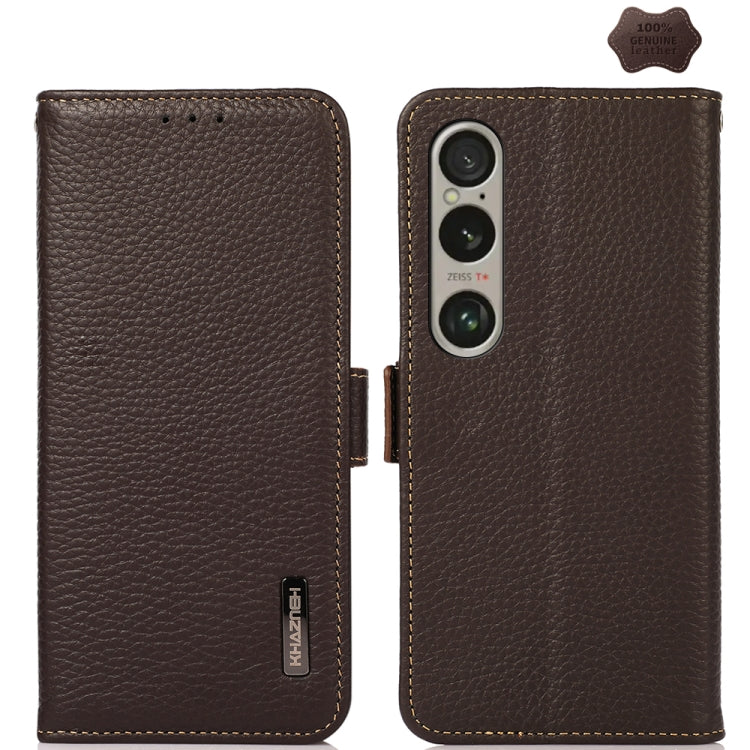 For Sony Xperia 1 VI KHAZNEH Side-Magnetic Litchi Genuine Leather RFID Case(Brown) - Sony Cases by buy2fix | Online Shopping UK | buy2fix