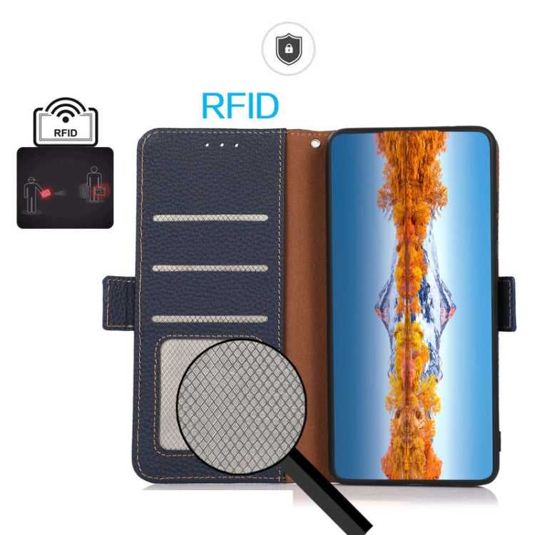 For Sony Xperia 10 VI KHAZNEH Side-Magnetic Litchi Genuine Leather RFID Case(Blue) - Sony Cases by buy2fix | Online Shopping UK | buy2fix