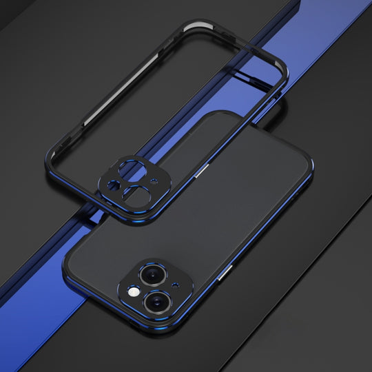 For iPhone 15 Aurora Series Lens Protector + Metal Frame Phone Case(Black Blue)