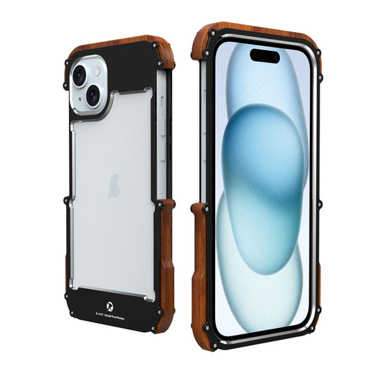 For iPhone 15 R-JUST Ironwood Generation Metal Hybrid Wood Phone Case