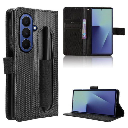 For Samsung Galaxy Z Fold7 with Pen Slot Diamond Texture Leather Phone Case(Black)