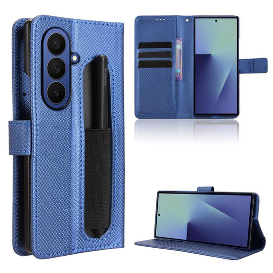 For Samsung Galaxy Z Fold7 with Pen Slot Diamond Texture Leather Phone Case(Blue)