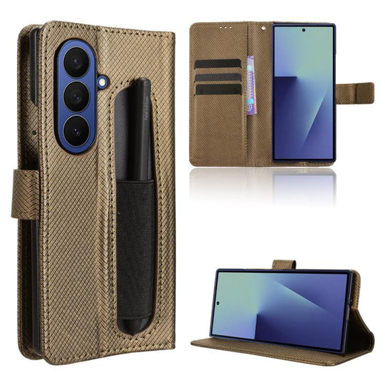 For Samsung Galaxy Z Fold7 with Pen Slot Diamond Texture Leather Phone Case(Brown)