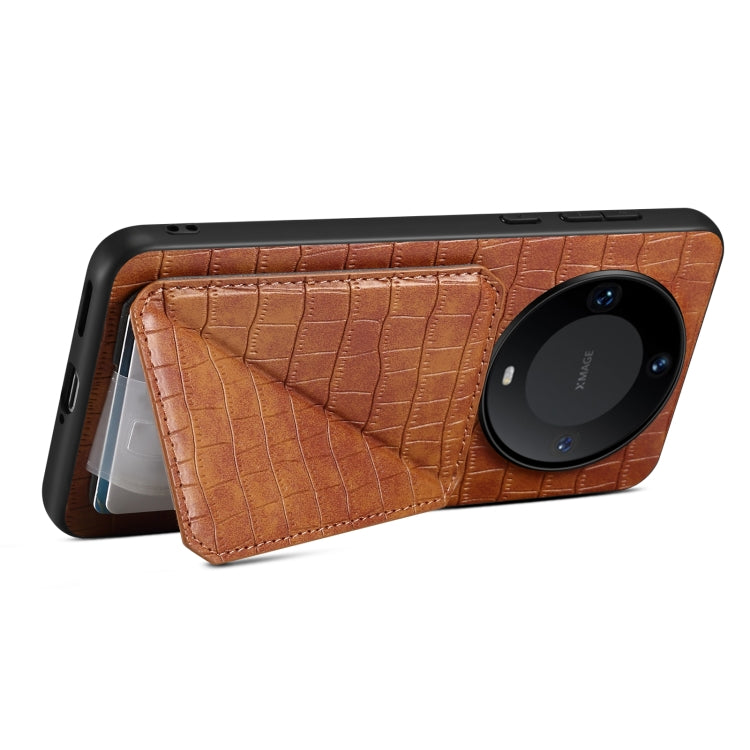 For Huawei Mate 60 Denior Crocodile Texture Holder Electroplating Phone Case(Brown) - Huawei Cases by Denior | Online Shopping UK | buy2fix