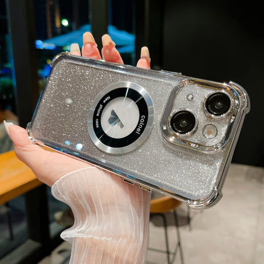 For iPhone 14 6D Electroplating Gradient Glitter Armor Magsafe Phone Case(Silver) by buy2fix