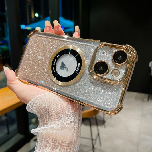 For iPhone 14 6D Electroplating Gradient Glitter Armor Magsafe Phone Case(Gold) by buy2fix