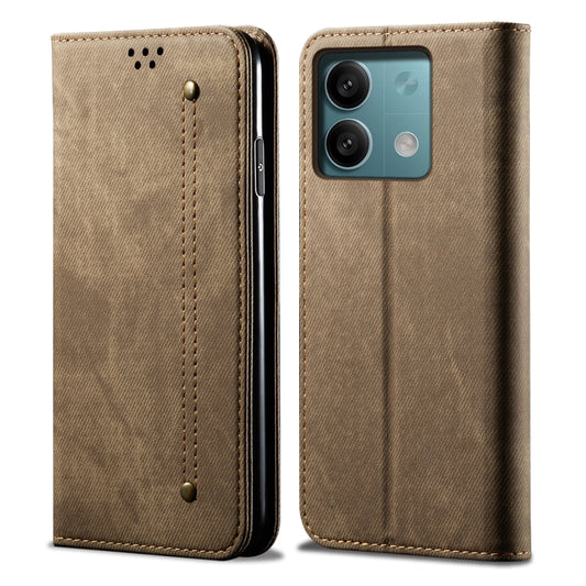 For Xiaomi Redmi Note 13 4G Global Denim Texture Casual Style Horizontal Flip Leather Case(Khaki) - Xiaomi Cases by buy2fix | Online Shopping UK | buy2fix
