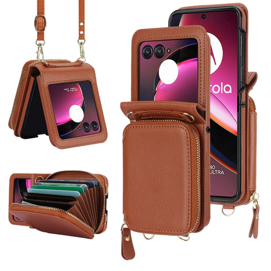 For Motorola Razr 40 Ultra Long and Short Lanyard Zipper Card Slot Foldable Phone Case(Brown) by buy2fix