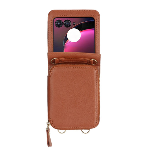 For Motorola Razr 40 Ultra Long and Short Lanyard Zipper Card Slot Foldable Phone Case(Brown) by buy2fix