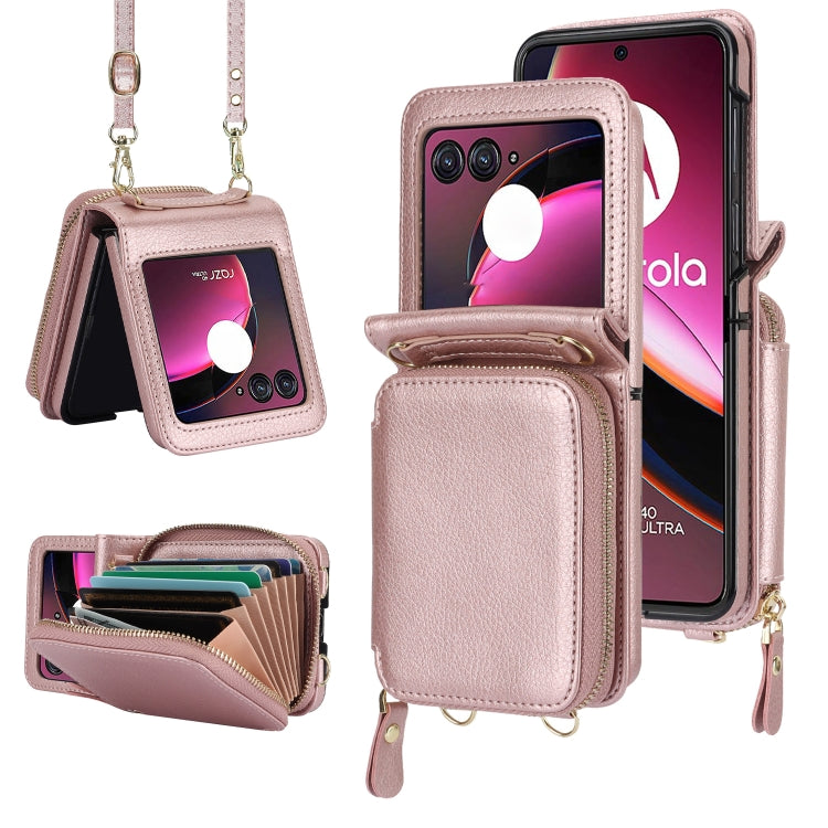 For Motorola Razr 40 Ultra Long and Short Lanyard Zipper Card Slot Foldable Phone Case(Pink) by buy2fix
