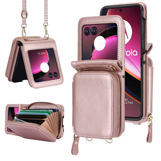 For Motorola Razr 40 Ultra Long and Short Lanyard Zipper Card Slot Foldable Phone Case(Pink) by buy2fix